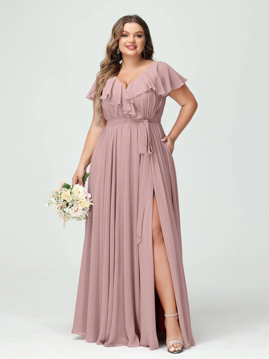 A-Line/Princess V-Neck Short Sleeves Chiffon Plus Size Bridesmaid Dresses With Pockets,Ruffles ,Ruched & Split Side - Image 31