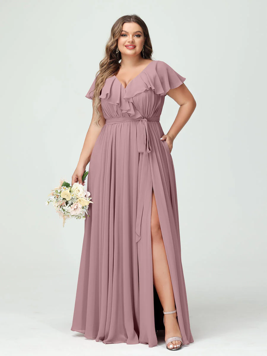 A-Line/Princess V-Neck Short Sleeves Chiffon Plus Size Bridesmaid Dresses With Pockets,Ruffles ,Ruched & Split Side - Image 32