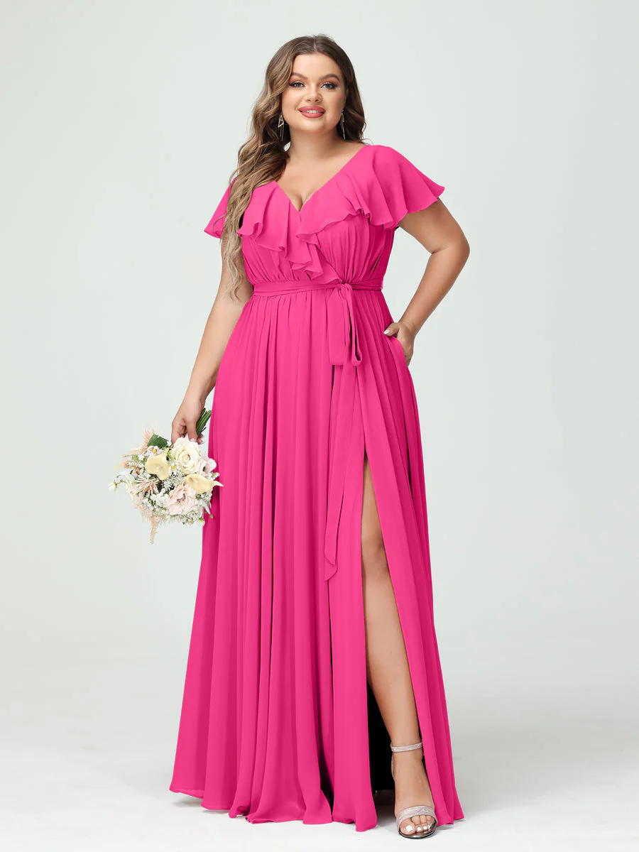 A-Line/Princess V-Neck Short Sleeves Chiffon Plus Size Bridesmaid Dresses With Pockets,Ruffles ,Ruched & Split Side - Image 34