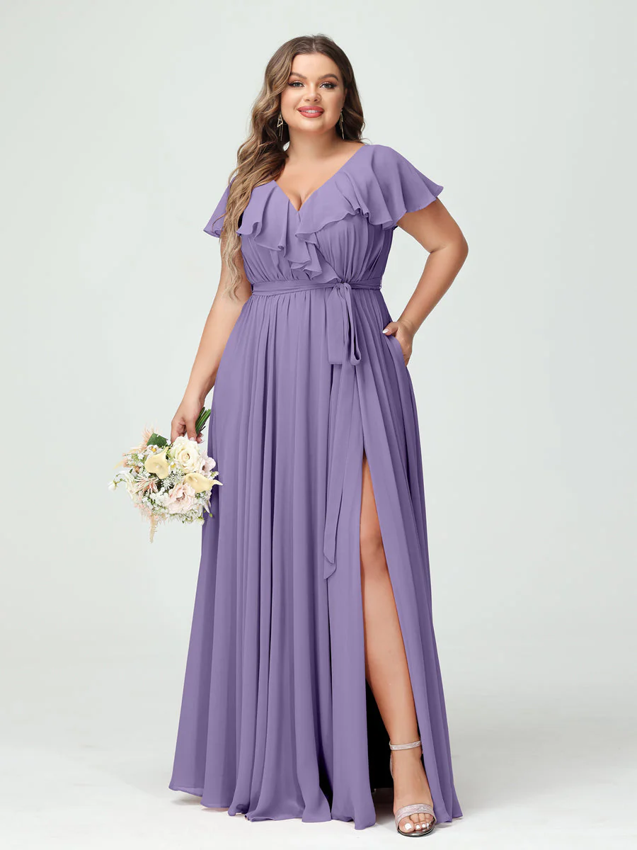 A-Line/Princess V-Neck Short Sleeves Chiffon Plus Size Bridesmaid Dresses With Pockets,Ruffles ,Ruched & Split Side - Image 42