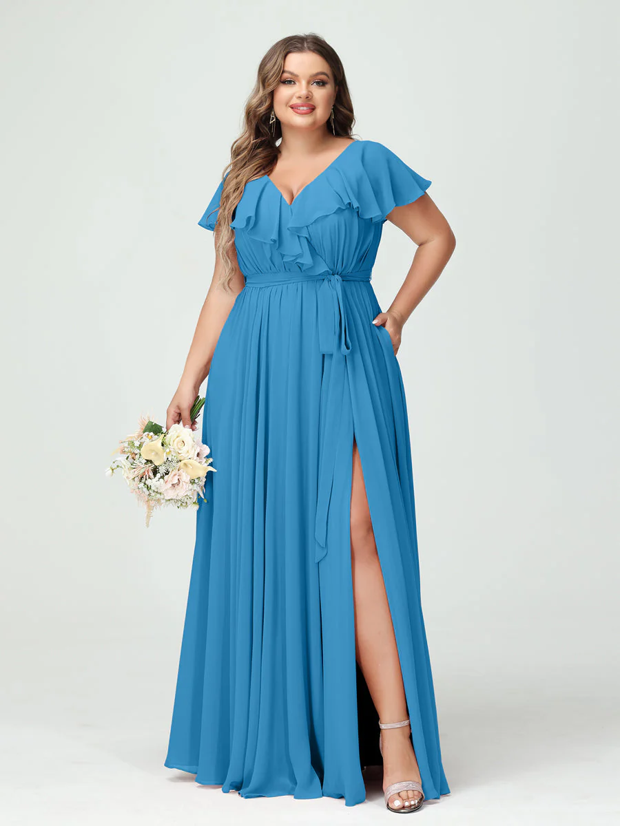 A-Line/Princess V-Neck Short Sleeves Chiffon Plus Size Bridesmaid Dresses With Pockets,Ruffles ,Ruched & Split Side - Image 54