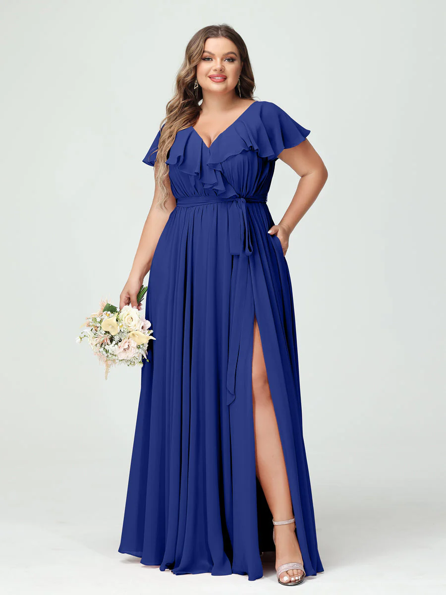 A-Line/Princess V-Neck Short Sleeves Chiffon Plus Size Bridesmaid Dresses With Pockets,Ruffles ,Ruched & Split Side - Image 57