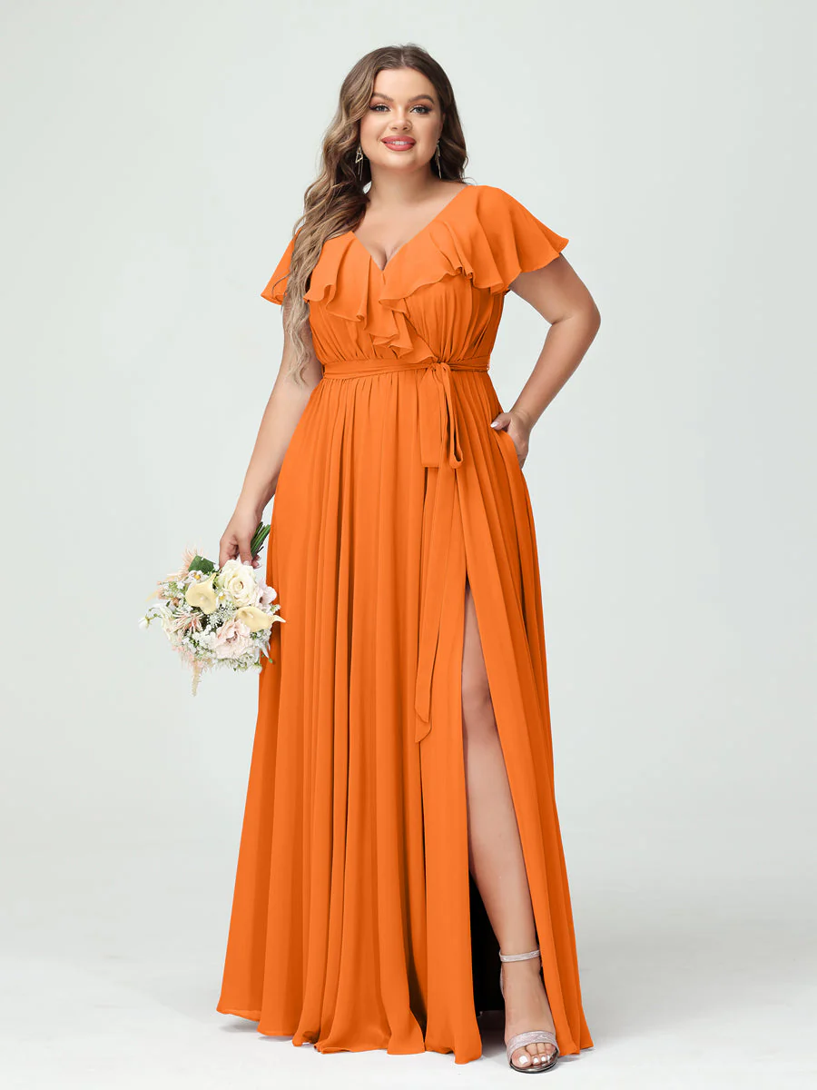 A-Line/Princess V-Neck Short Sleeves Chiffon Plus Size Bridesmaid Dresses With Pockets,Ruffles ,Ruched & Split Side - Image 73