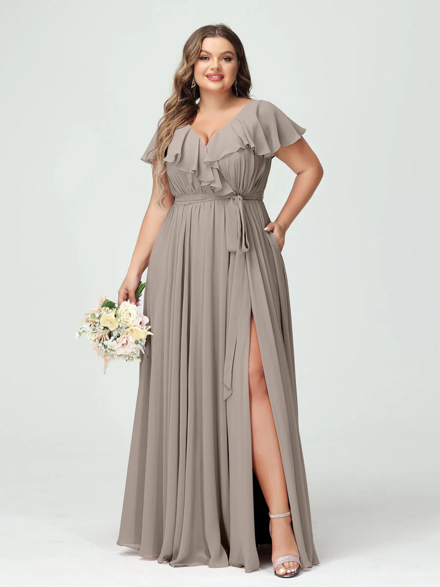 A-Line/Princess V-Neck Short Sleeves Chiffon Plus Size Bridesmaid Dresses With Pockets,Ruffles ,Ruched & Split Side - Image 74