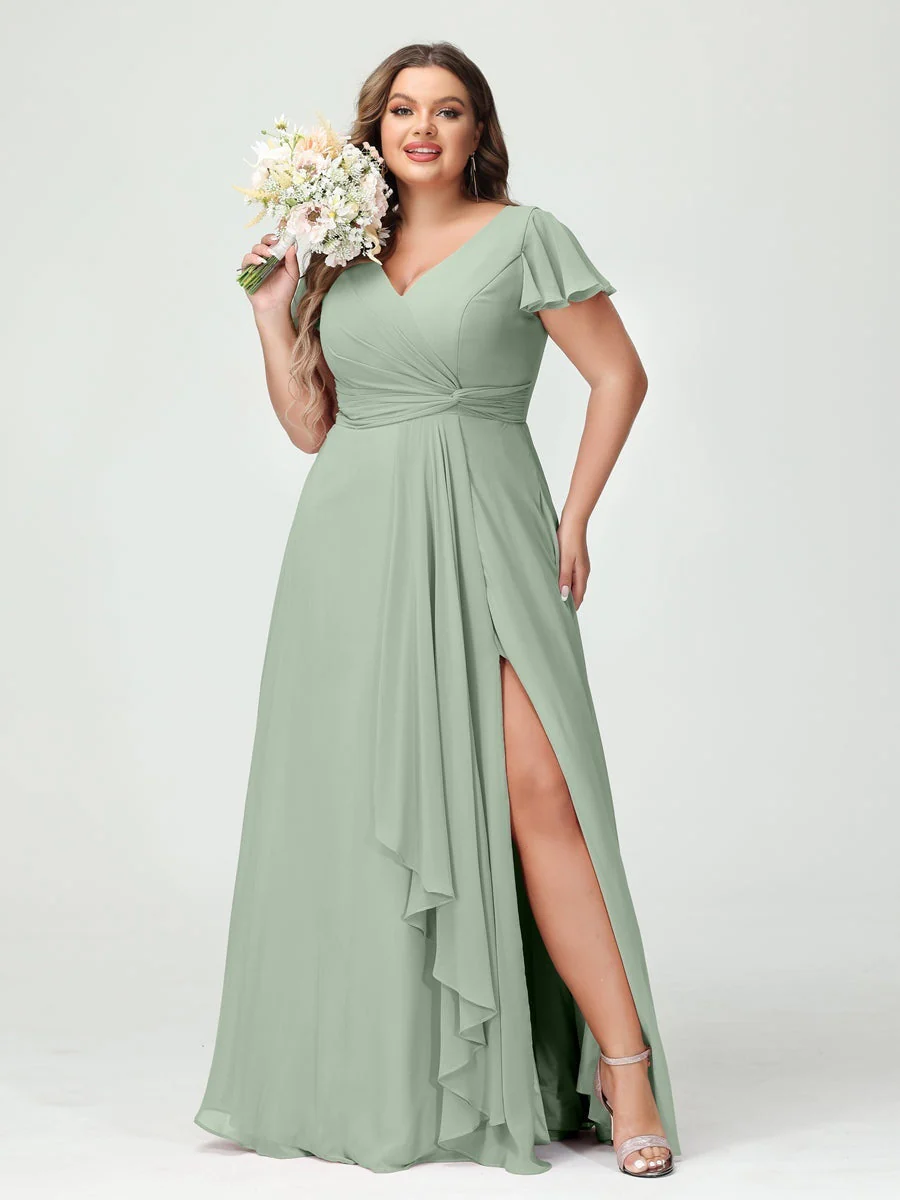 A-Line/Princess V-Neck Short Sleeves Chiffon Ruffles Split Side Plus Size Bridesmaid Dresses with Pockets - Image 10