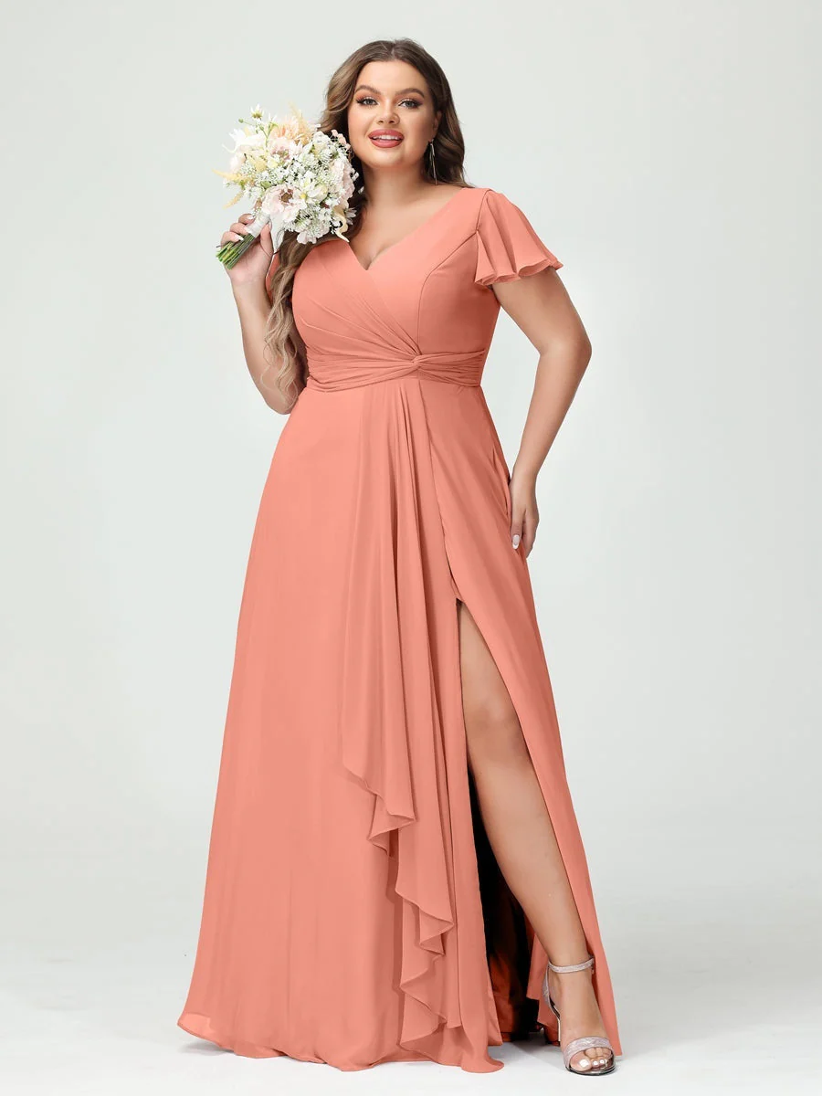 A-Line/Princess V-Neck Short Sleeves Chiffon Ruffles Split Side Plus Size Bridesmaid Dresses with Pockets - Image 15