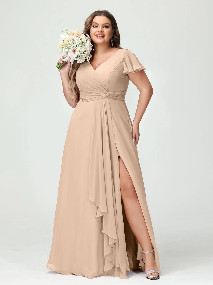 A-Line/Princess V-Neck Short Sleeves Chiffon Ruffles Split Side Plus Size Bridesmaid Dresses with Pockets - Image 29