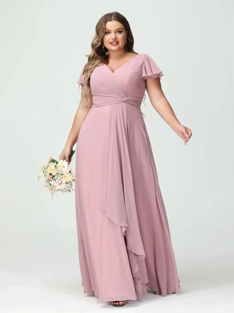 A-Line/Princess V-Neck Short Sleeves Chiffon Ruffles Split Side Plus Size Bridesmaid Dresses with Pockets - Image 3