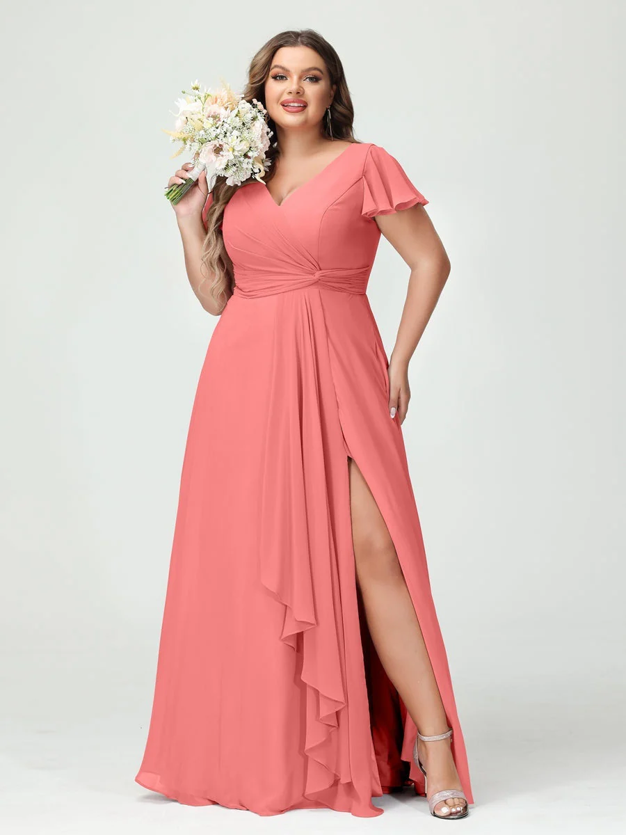 A-Line/Princess V-Neck Short Sleeves Chiffon Ruffles Split Side Plus Size Bridesmaid Dresses with Pockets - Image 32