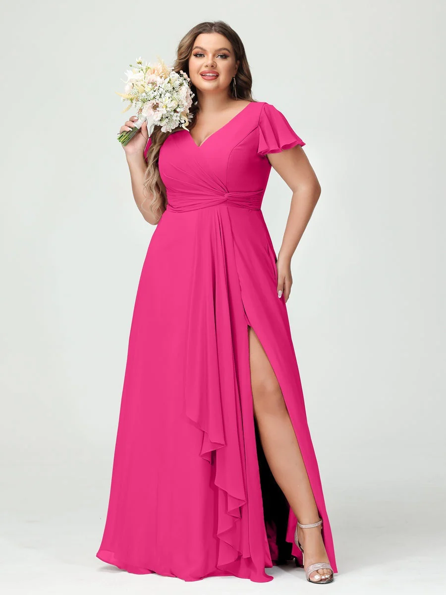 A-Line/Princess V-Neck Short Sleeves Chiffon Ruffles Split Side Plus Size Bridesmaid Dresses with Pockets - Image 33