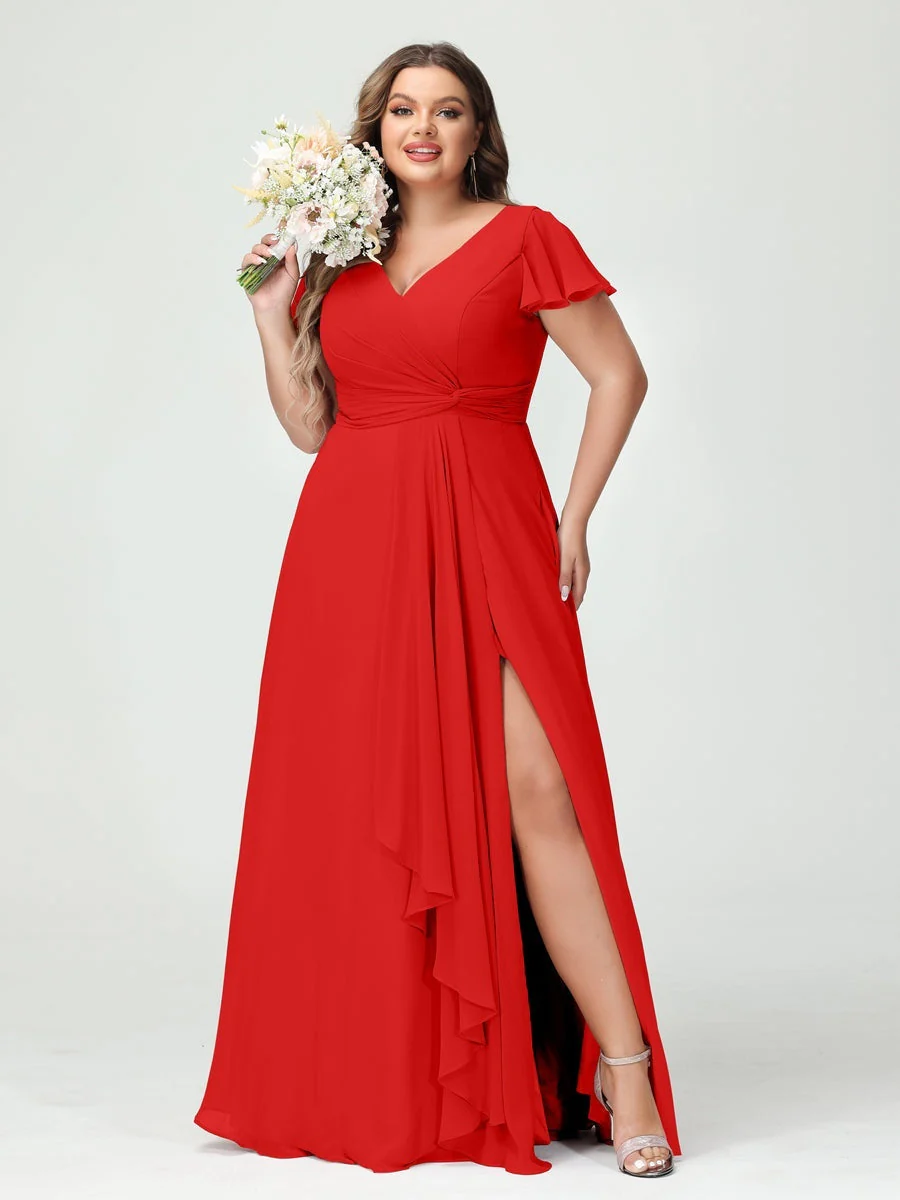 A-Line/Princess V-Neck Short Sleeves Chiffon Ruffles Split Side Plus Size Bridesmaid Dresses with Pockets - Image 36