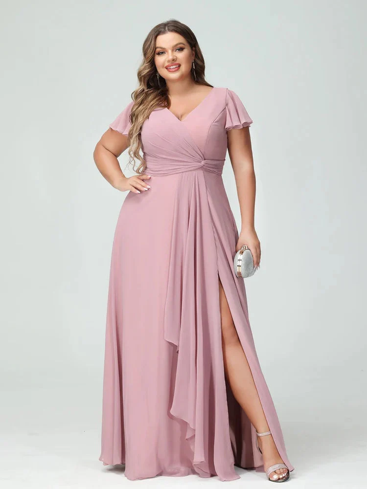 A-Line/Princess V-Neck Short Sleeves Chiffon Ruffles Split Side Plus Size Bridesmaid Dresses with Pockets - Image 4