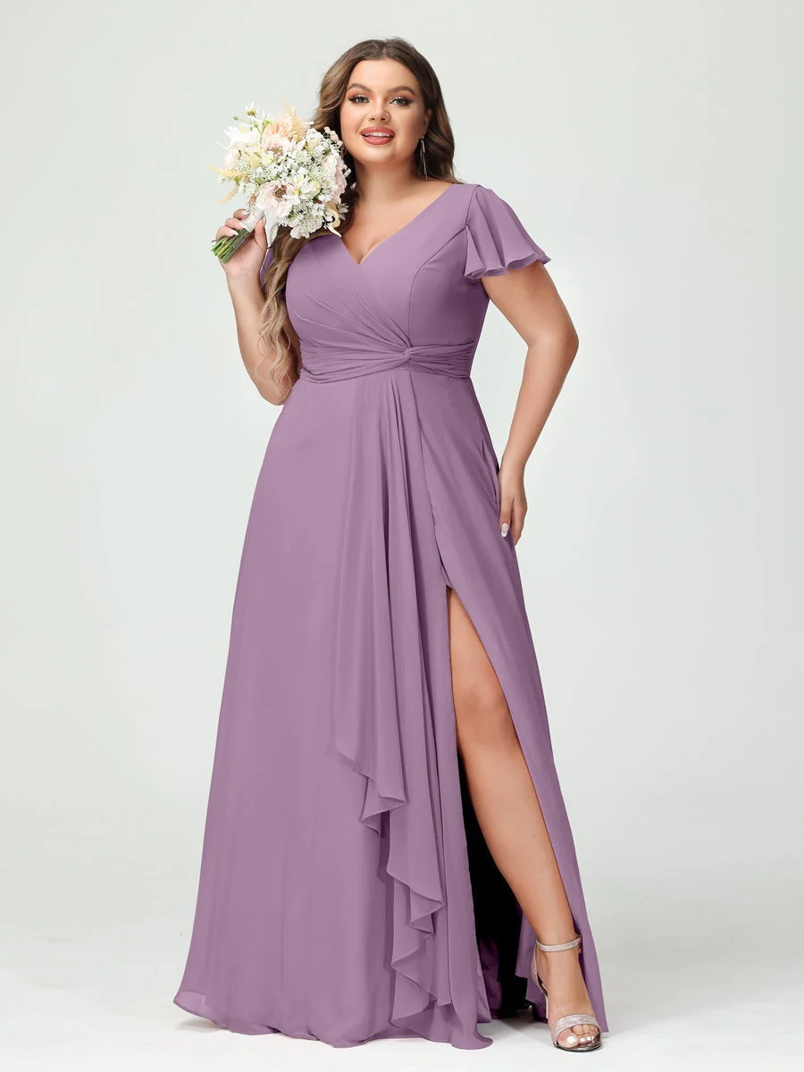 A-Line/Princess V-Neck Short Sleeves Chiffon Ruffles Split Side Plus Size Bridesmaid Dresses with Pockets - Image 40