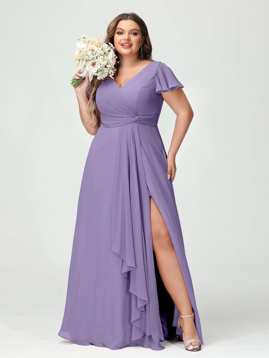 A-Line/Princess V-Neck Short Sleeves Chiffon Ruffles Split Side Plus Size Bridesmaid Dresses with Pockets - Image 41