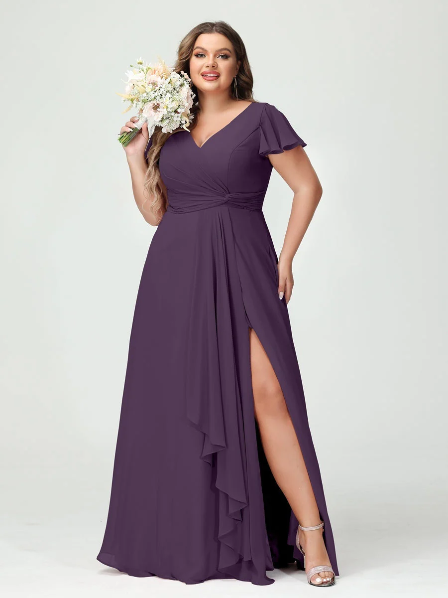 A-Line/Princess V-Neck Short Sleeves Chiffon Ruffles Split Side Plus Size Bridesmaid Dresses with Pockets - Image 46