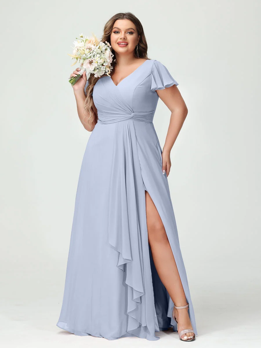 A-Line/Princess V-Neck Short Sleeves Chiffon Ruffles Split Side Plus Size Bridesmaid Dresses with Pockets - Image 48