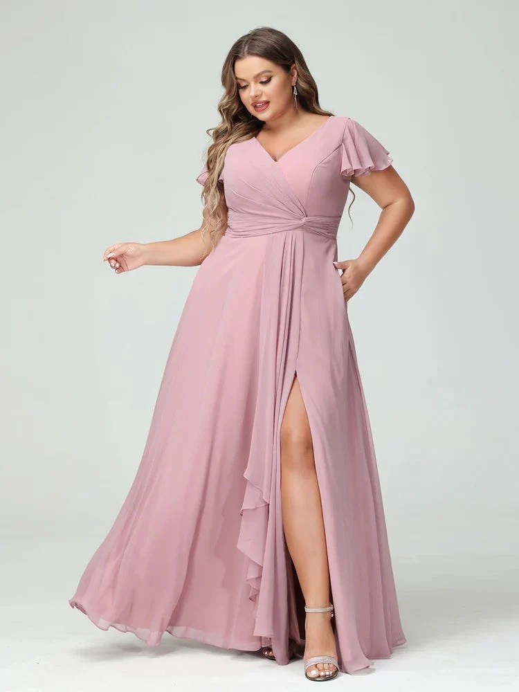 A-Line/Princess V-Neck Short Sleeves Chiffon Ruffles Split Side Plus Size Bridesmaid Dresses with Pockets - Image 5