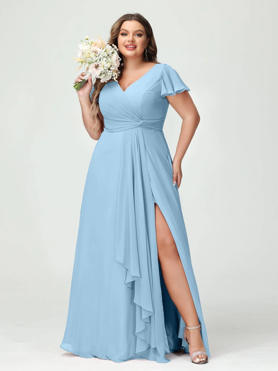 A-Line/Princess V-Neck Short Sleeves Chiffon Ruffles Split Side Plus Size Bridesmaid Dresses with Pockets - Image 50