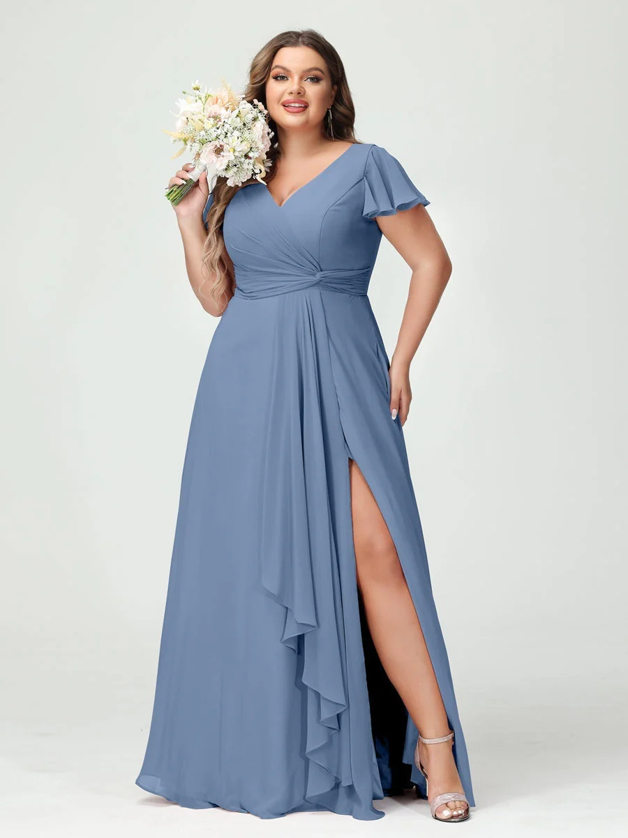 A-Line/Princess V-Neck Short Sleeves Chiffon Ruffles Split Side Plus Size Bridesmaid Dresses with Pockets - Image 51