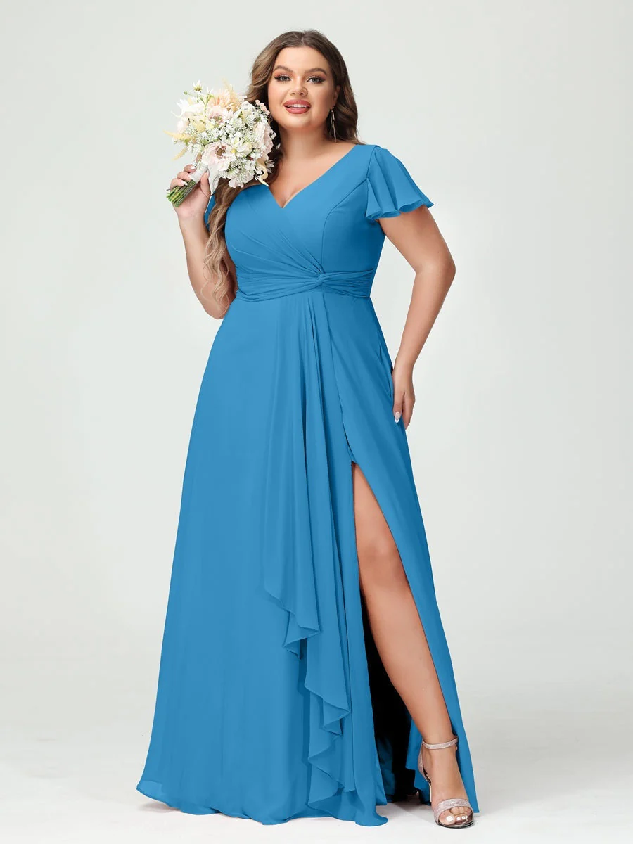 A-Line/Princess V-Neck Short Sleeves Chiffon Ruffles Split Side Plus Size Bridesmaid Dresses with Pockets - Image 53