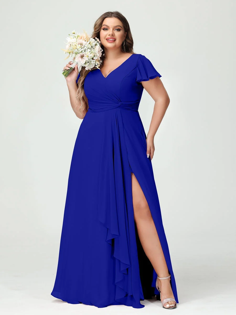 A-Line/Princess V-Neck Short Sleeves Chiffon Ruffles Split Side Plus Size Bridesmaid Dresses with Pockets - Image 55