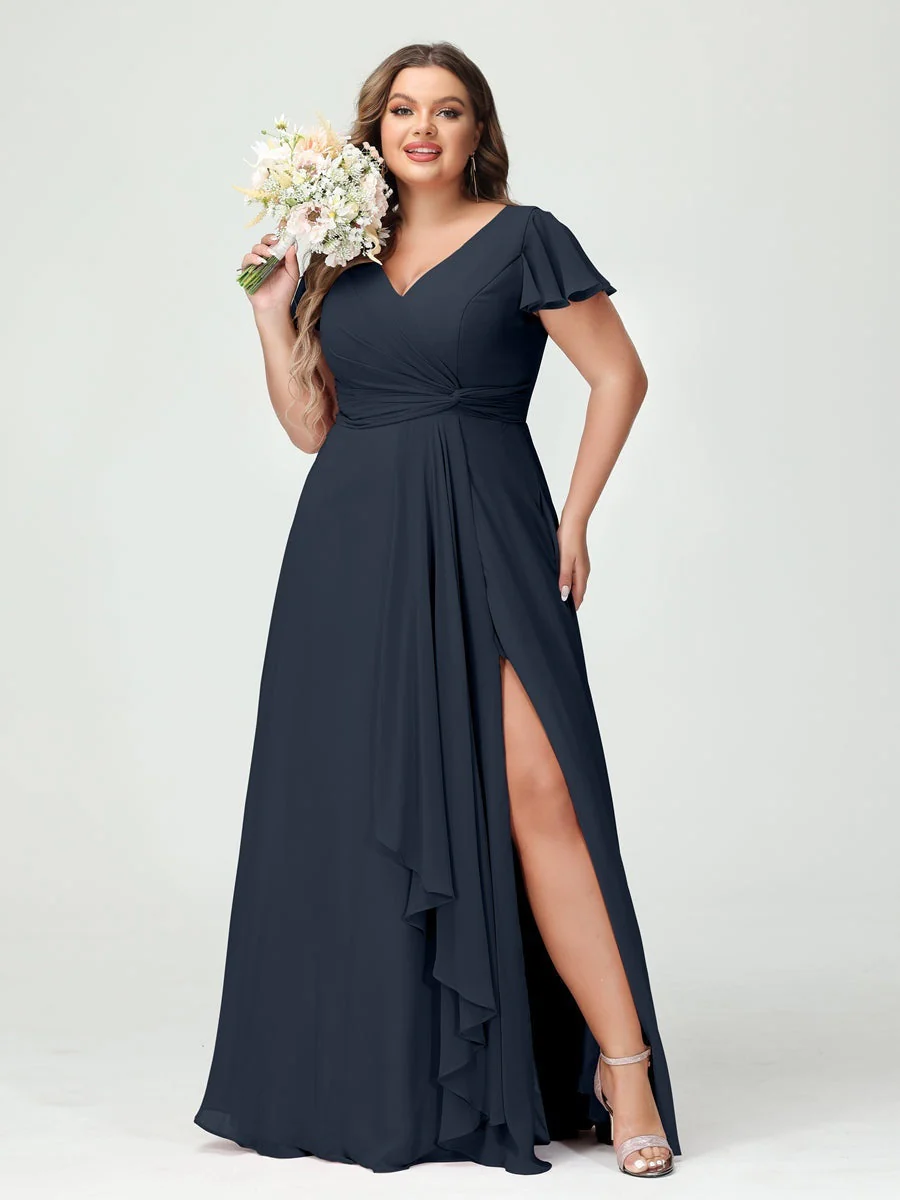A-Line/Princess V-Neck Short Sleeves Chiffon Ruffles Split Side Plus Size Bridesmaid Dresses with Pockets - Image 59