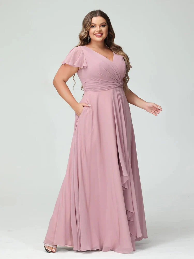 A-Line/Princess V-Neck Short Sleeves Chiffon Ruffles Split Side Plus Size Bridesmaid Dresses with Pockets - Image 6