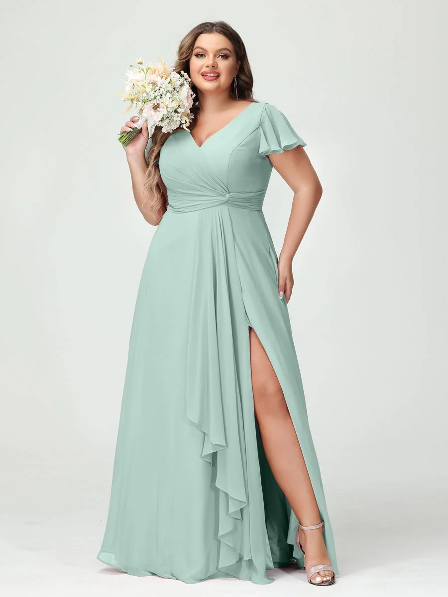 A-Line/Princess V-Neck Short Sleeves Chiffon Ruffles Split Side Plus Size Bridesmaid Dresses with Pockets - Image 60