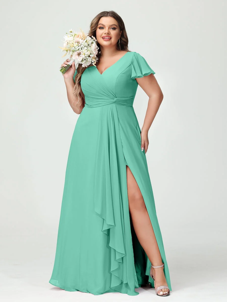 A-Line/Princess V-Neck Short Sleeves Chiffon Ruffles Split Side Plus Size Bridesmaid Dresses with Pockets - Image 62