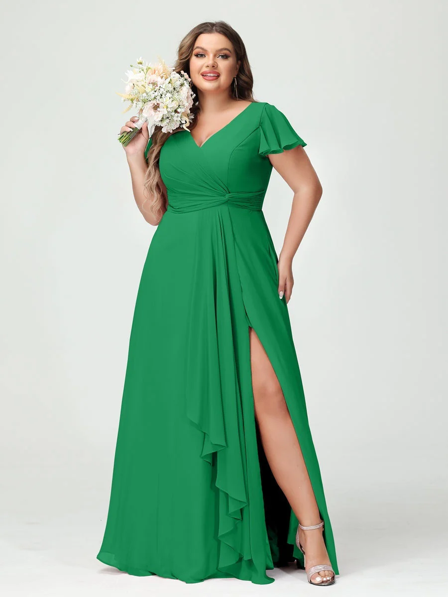 A-Line/Princess V-Neck Short Sleeves Chiffon Ruffles Split Side Plus Size Bridesmaid Dresses with Pockets - Image 64