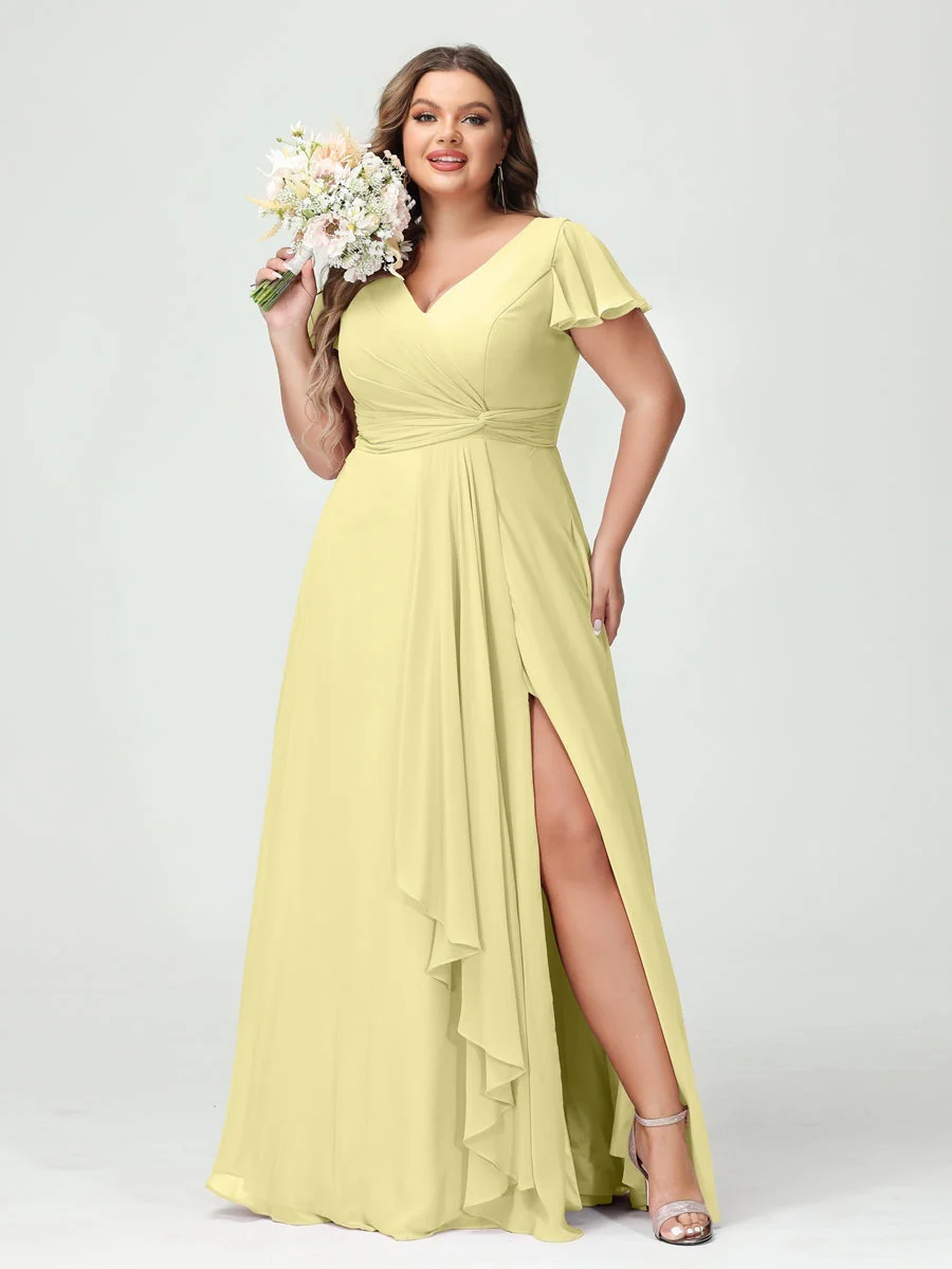 A-Line/Princess V-Neck Short Sleeves Chiffon Ruffles Split Side Plus Size Bridesmaid Dresses with Pockets - Image 69