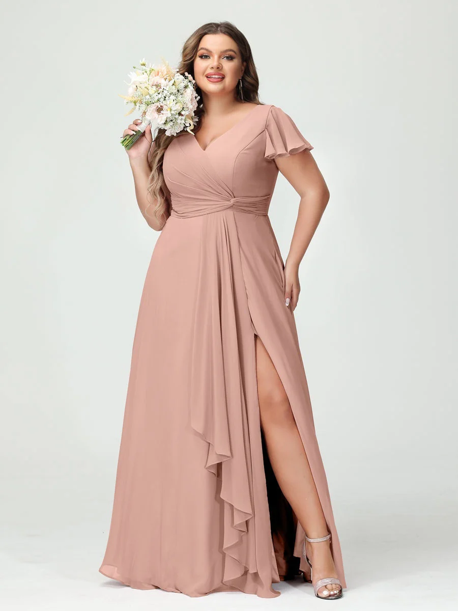 A-Line/Princess V-Neck Short Sleeves Chiffon Ruffles Split Side Plus Size Bridesmaid Dresses with Pockets - Image 7