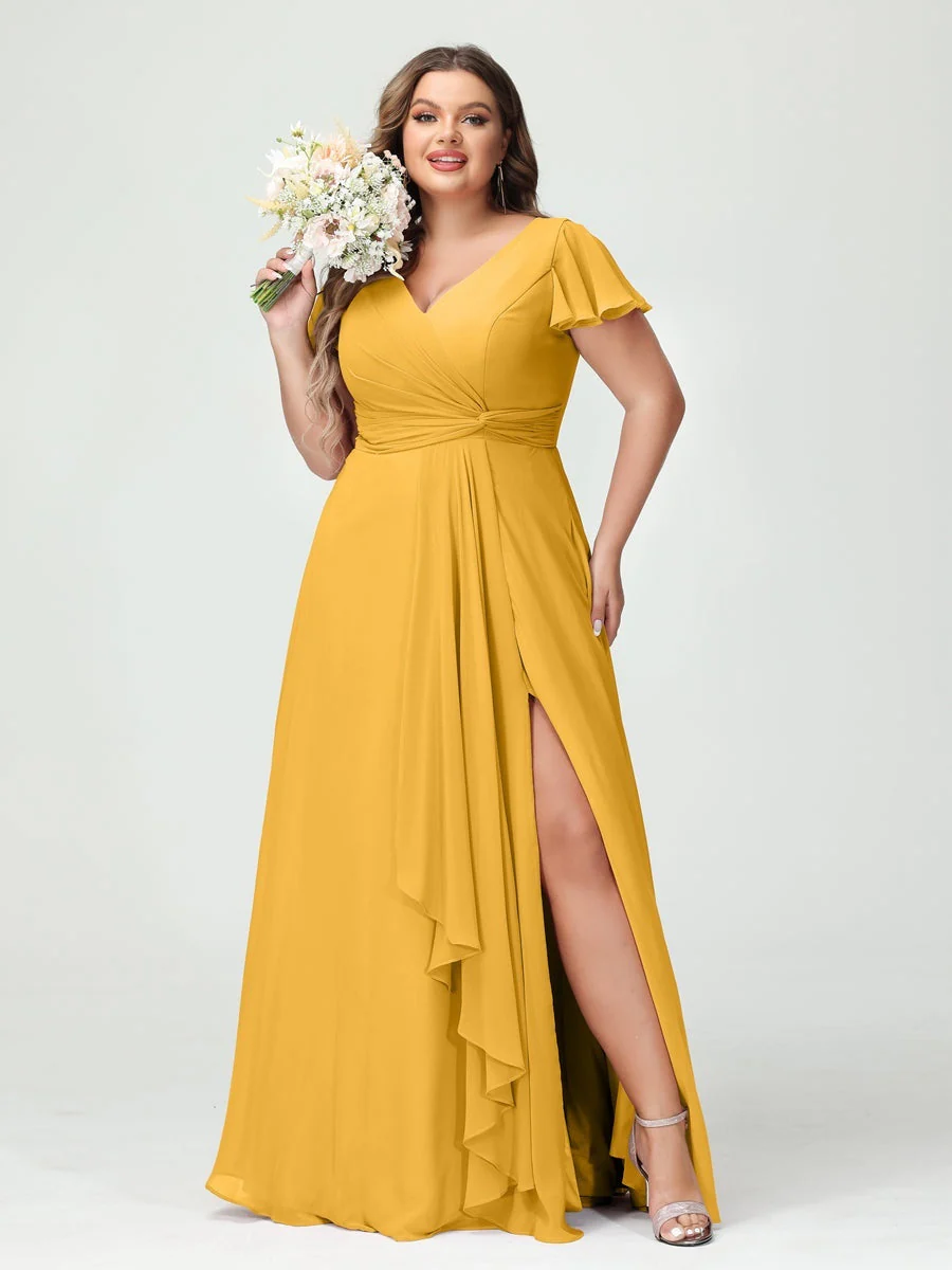 A-Line/Princess V-Neck Short Sleeves Chiffon Ruffles Split Side Plus Size Bridesmaid Dresses with Pockets - Image 70