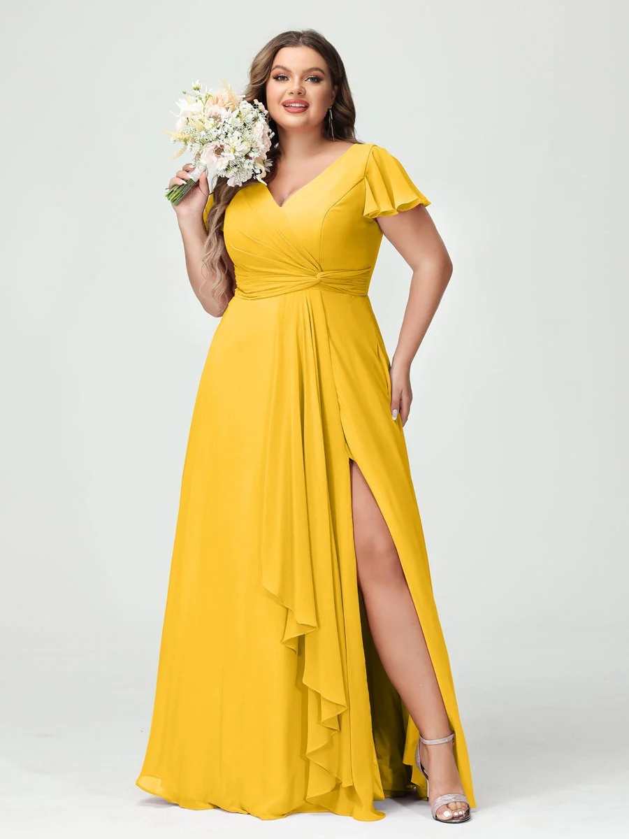 A-Line/Princess V-Neck Short Sleeves Chiffon Ruffles Split Side Plus Size Bridesmaid Dresses with Pockets - Image 71