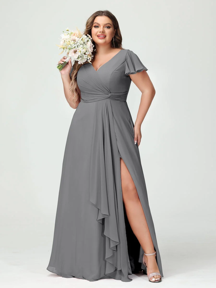 A-Line/Princess V-Neck Short Sleeves Chiffon Ruffles Split Side Plus Size Bridesmaid Dresses with Pockets - Image 75
