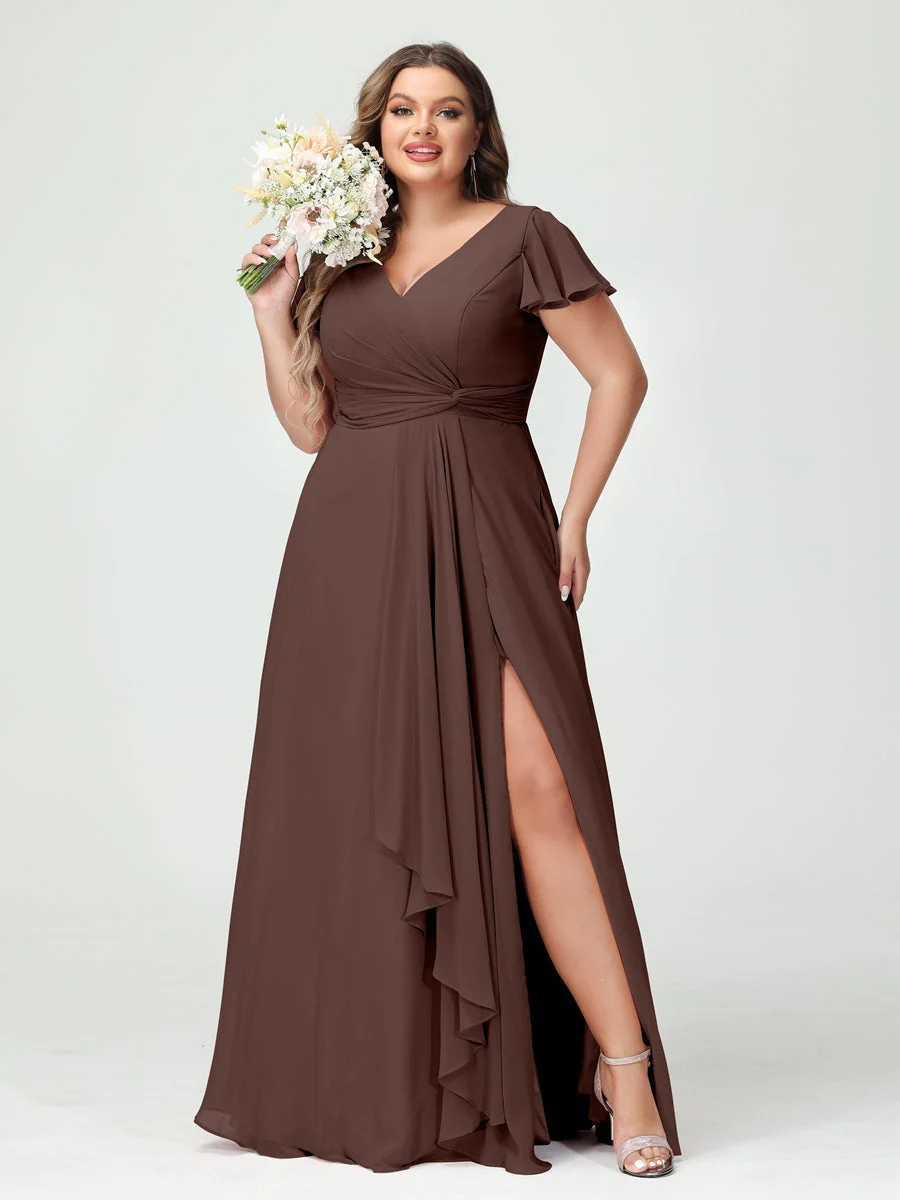 A-Line/Princess V-Neck Short Sleeves Chiffon Ruffles Split Side Plus Size Bridesmaid Dresses with Pockets - Image 76