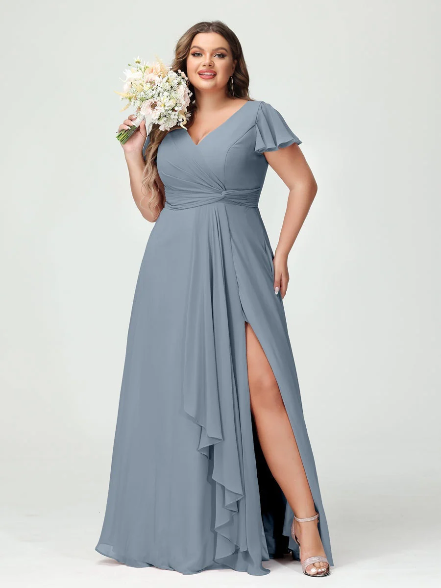 A-Line/Princess V-Neck Short Sleeves Chiffon Ruffles Split Side Plus Size Bridesmaid Dresses with Pockets - Image 8