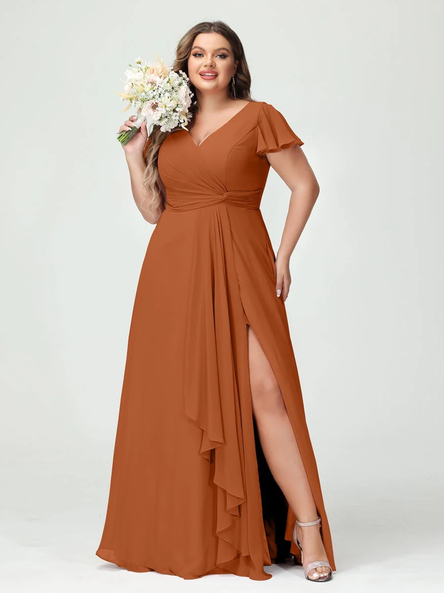A-Line/Princess V-Neck Short Sleeves Chiffon Ruffles Split Side Plus Size Bridesmaid Dresses with Pockets - Image 9
