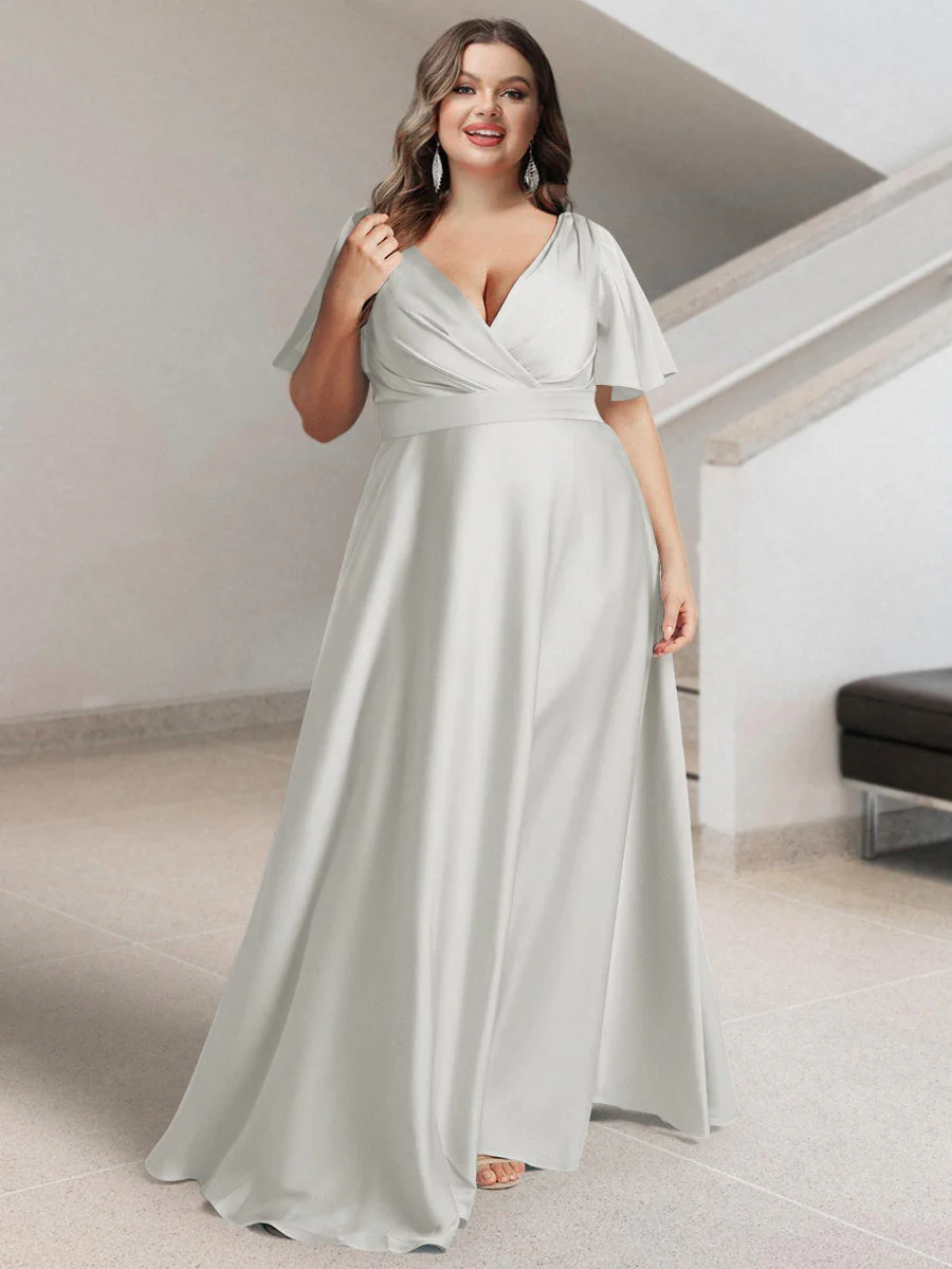A-Line/Princess V-Neck Short Sleeves Silk Satin Plus Size Bridesmaid Dresses with Pockets - Image 10