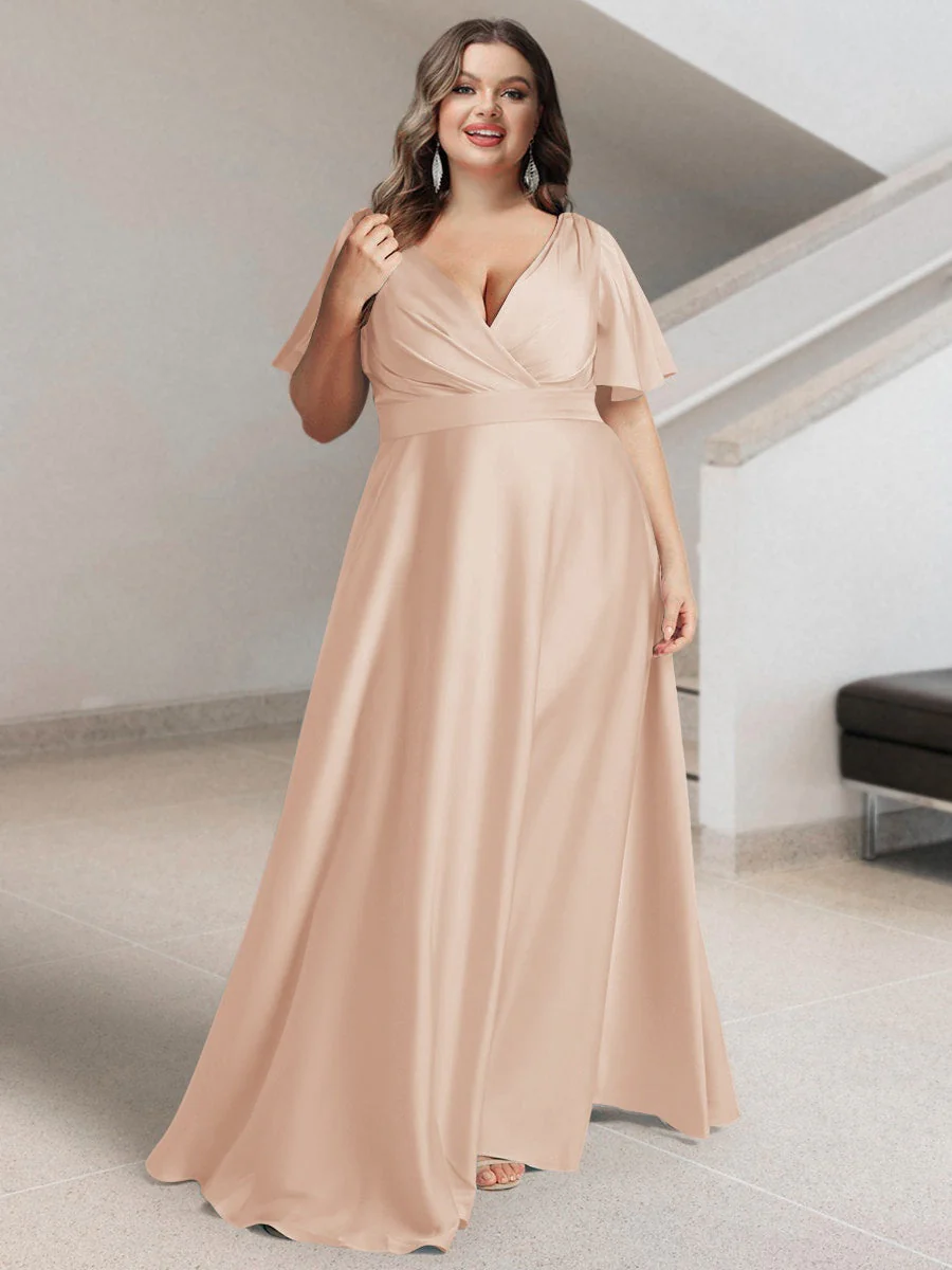 A-Line/Princess V-Neck Short Sleeves Silk Satin Plus Size Bridesmaid Dresses with Pockets - Image 19