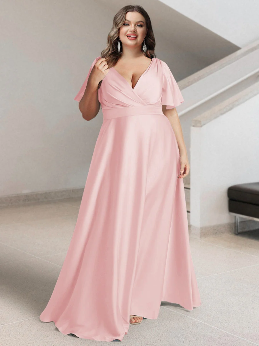 A-Line/Princess V-Neck Short Sleeves Silk Satin Plus Size Bridesmaid Dresses with Pockets - Image 20