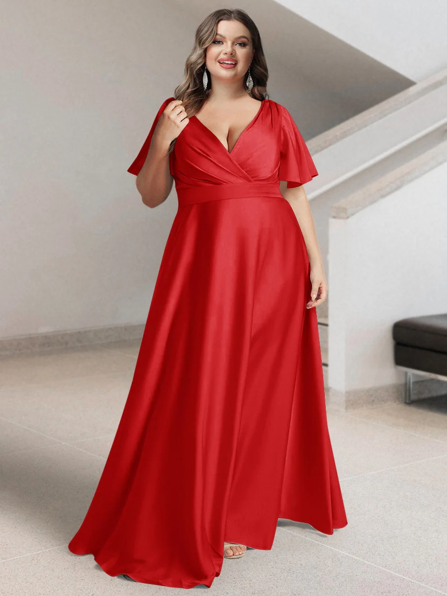 A-Line/Princess V-Neck Short Sleeves Silk Satin Plus Size Bridesmaid Dresses with Pockets - Image 24