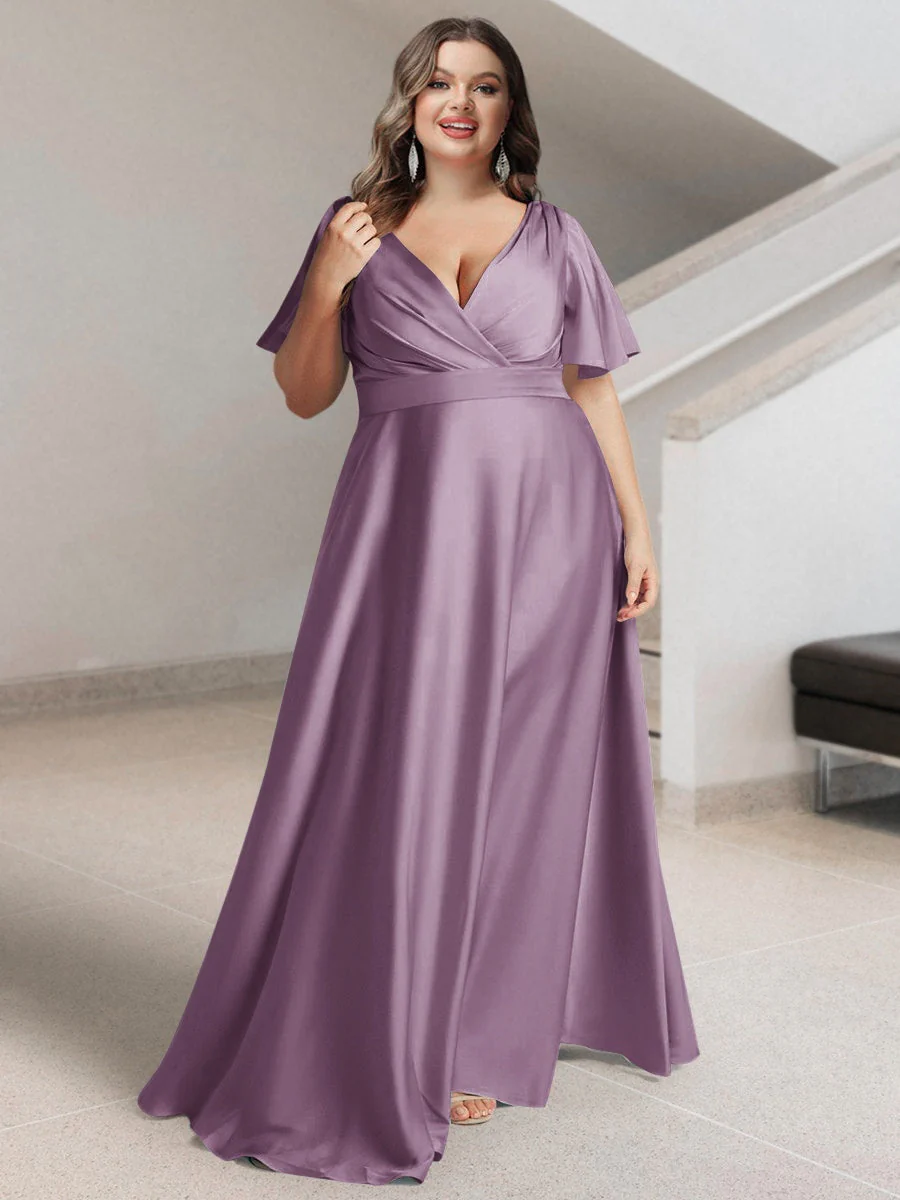 A-Line/Princess V-Neck Short Sleeves Silk Satin Plus Size Bridesmaid Dresses with Pockets - Image 26