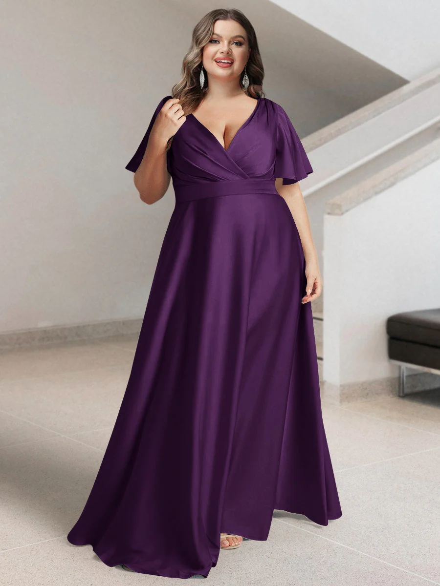 A-Line/Princess V-Neck Short Sleeves Silk Satin Plus Size Bridesmaid Dresses with Pockets - Image 30