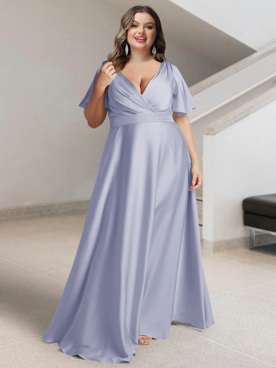 A-Line/Princess V-Neck Short Sleeves Silk Satin Plus Size Bridesmaid Dresses with Pockets - Image 32