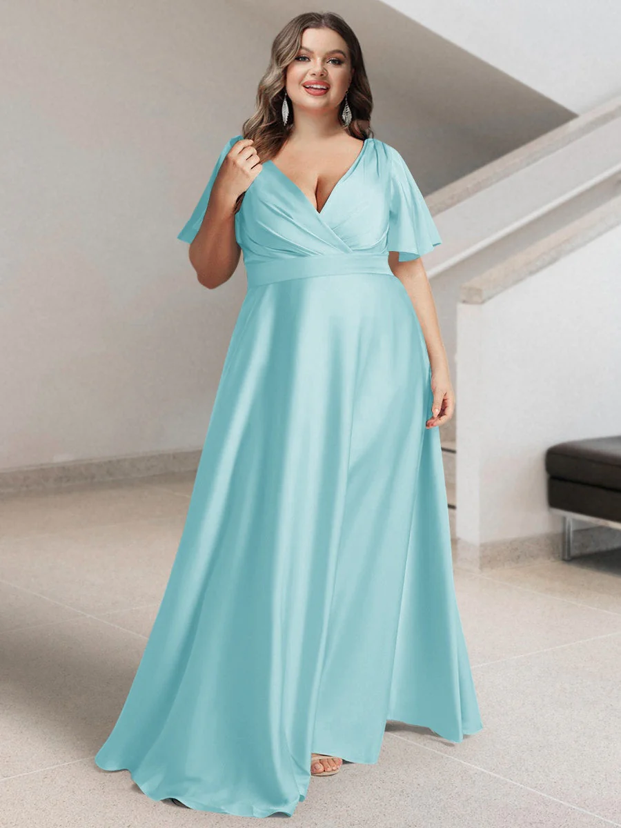 A-Line/Princess V-Neck Short Sleeves Silk Satin Plus Size Bridesmaid Dresses with Pockets - Image 34