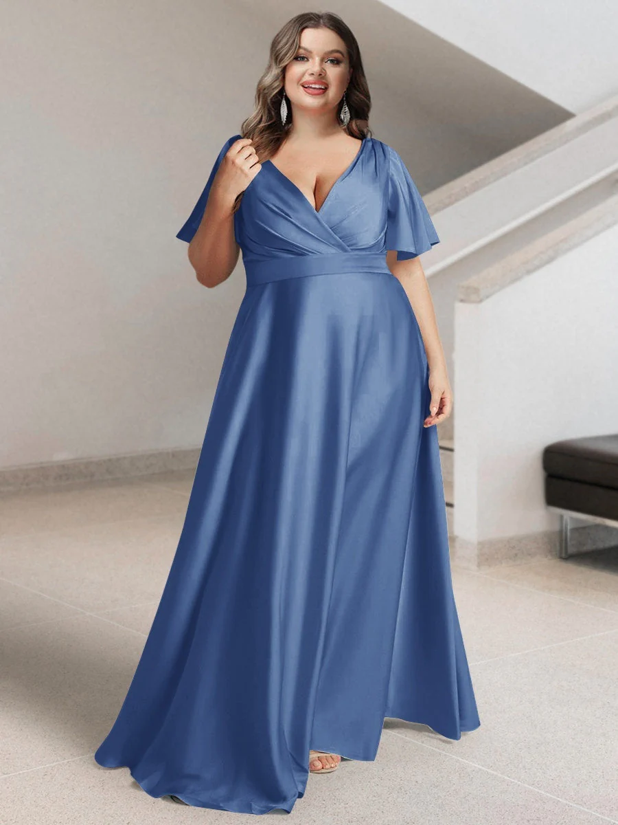 A-Line/Princess V-Neck Short Sleeves Silk Satin Plus Size Bridesmaid Dresses with Pockets - Image 35