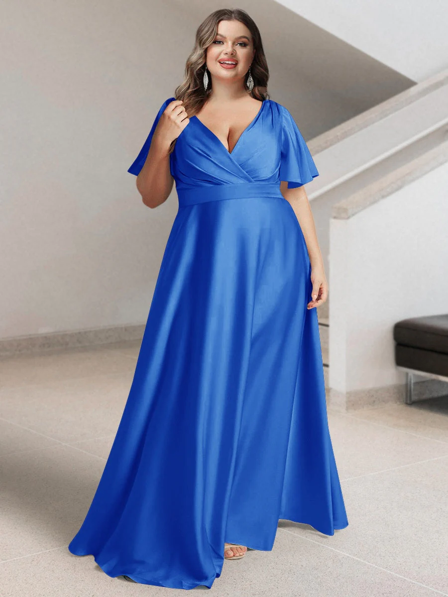 A-Line/Princess V-Neck Short Sleeves Silk Satin Plus Size Bridesmaid Dresses with Pockets - Image 37