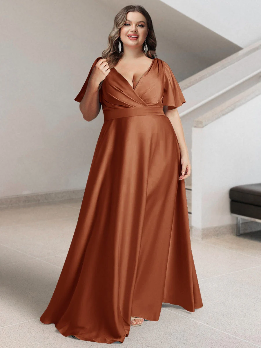 A-Line/Princess V-Neck Short Sleeves Silk Satin Plus Size Bridesmaid Dresses with Pockets - Image 4