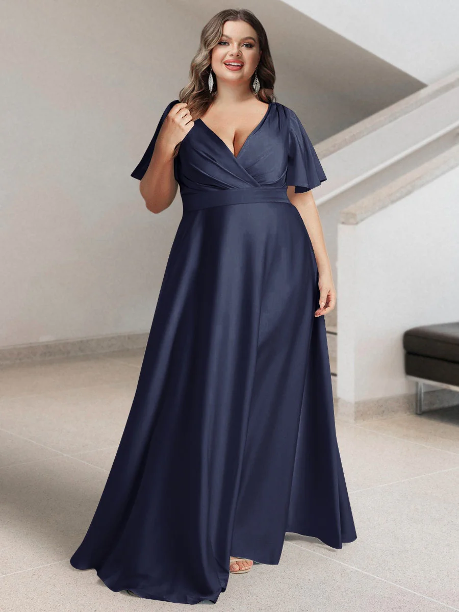 A-Line/Princess V-Neck Short Sleeves Silk Satin Plus Size Bridesmaid Dresses with Pockets - Image 40
